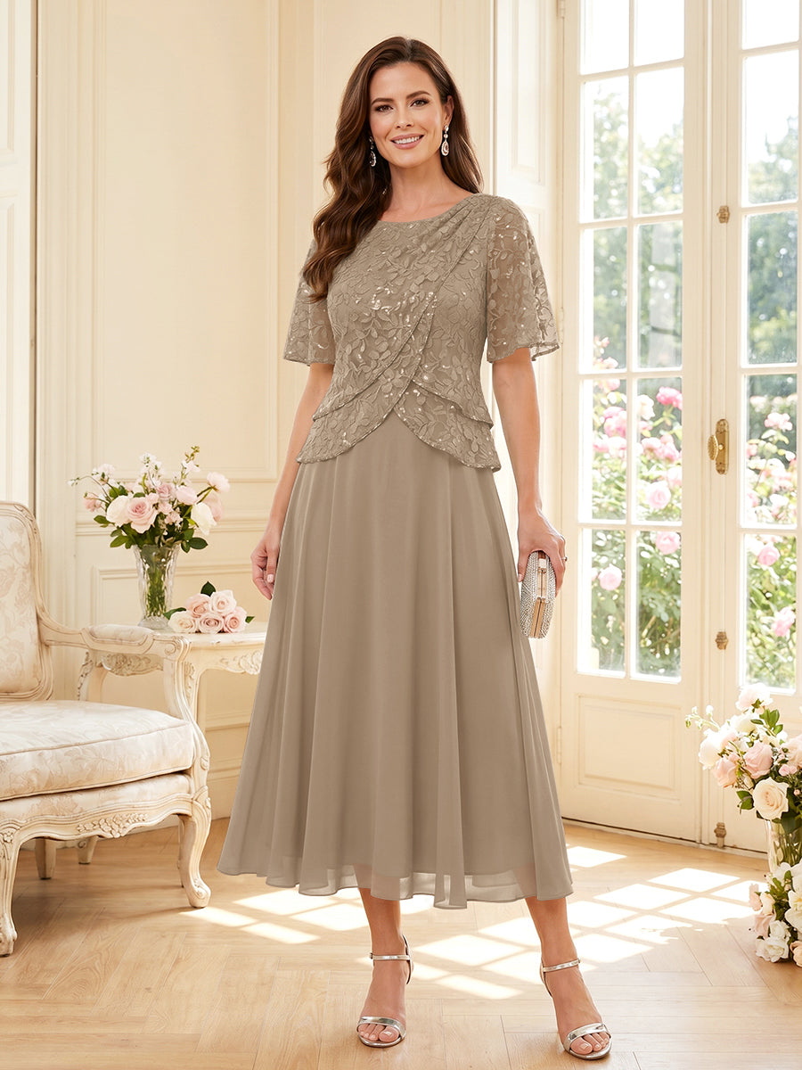 A-Line/Princess Scoop Half Sleeves Tea-Length Mother of the Bride Dresses with Lace &amp; Ruffles
