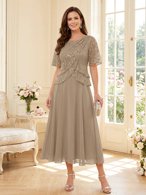 A-Line/Princess Scoop Half Sleeves Tea-Length Mother of the Bride Dresses with Lace & Ruffles