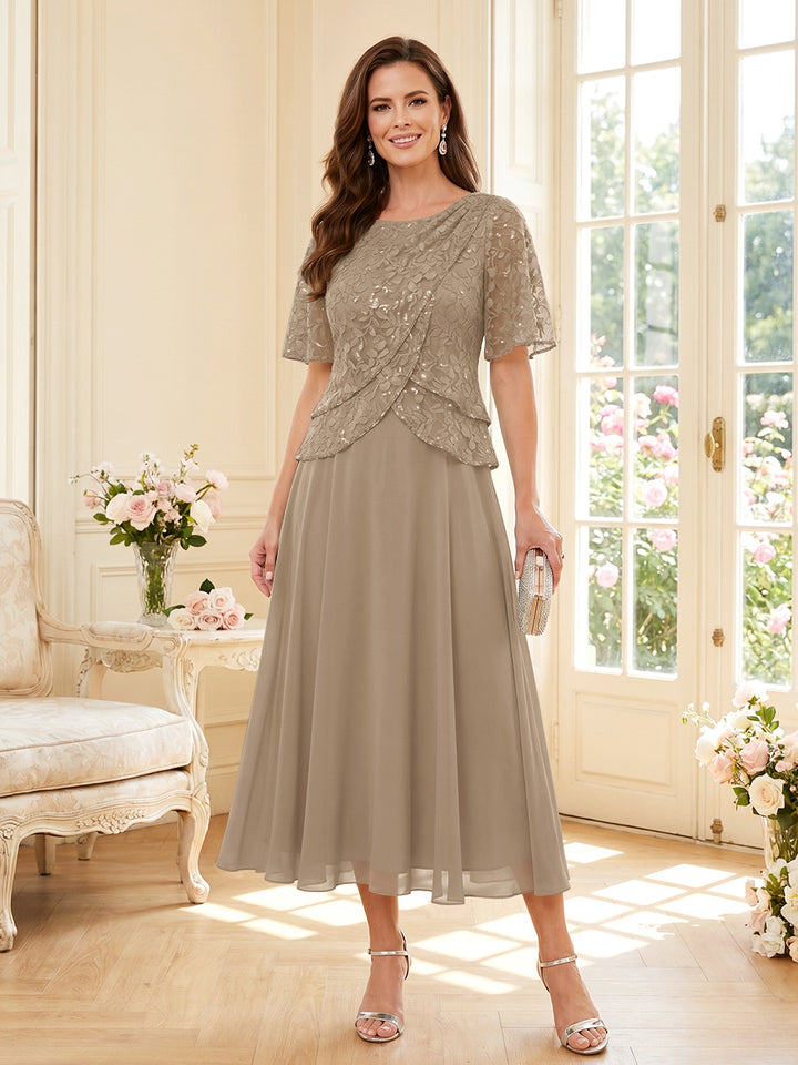 A-Line/Princess Scoop Half Sleeves Tea-Length Mother of the Bride Dresses with Lace &amp; Ruffles