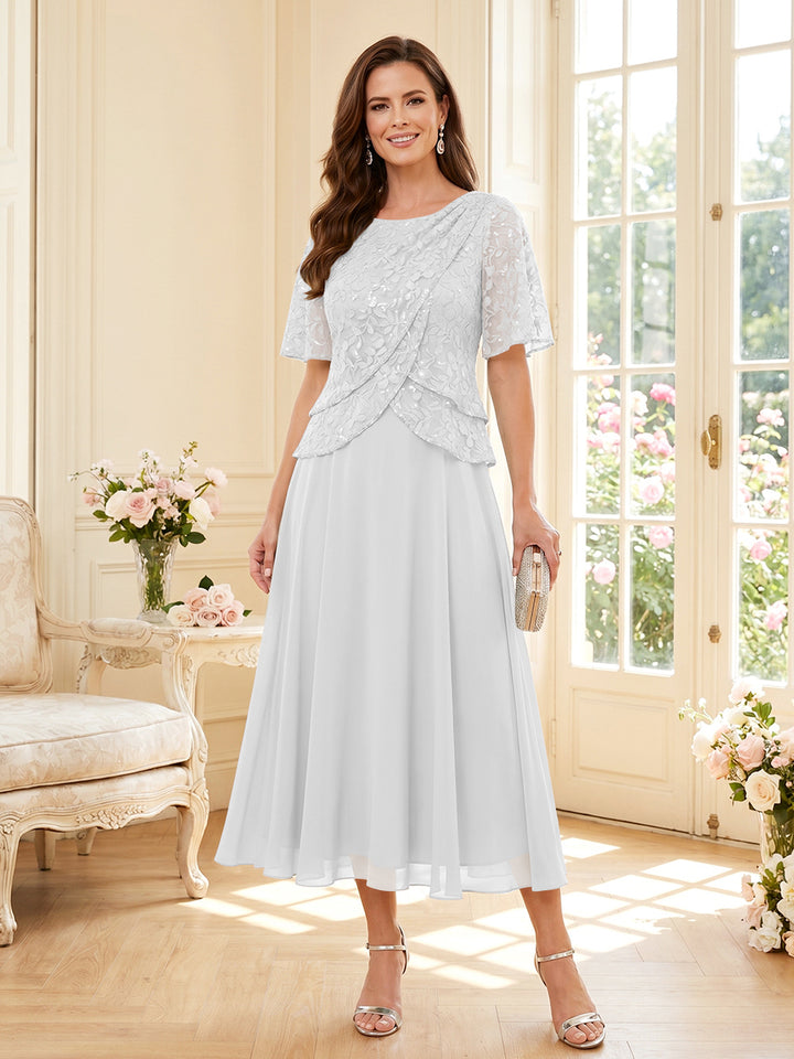 A-Line/Princess Scoop Half Sleeves Tea-Length Mother of the Bride Dresses with Lace &amp; Ruffles