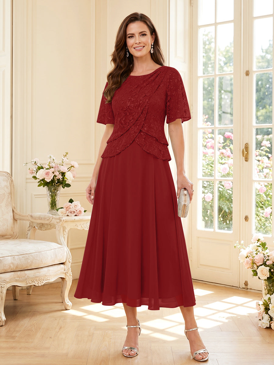 A-Line/Princess Scoop Half Sleeves Tea-Length Mother of the Bride Dresses with Lace &amp; Ruffles