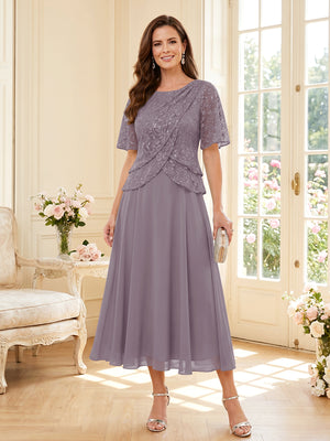 A-Line/Princess Scoop Half Sleeves Tea-Length Mother of the Bride Dresses with Lace & Ruffles