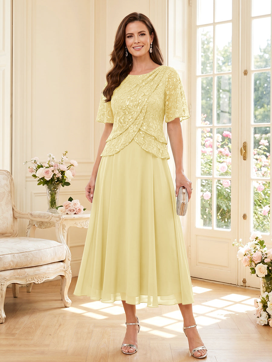 A-Line/Princess Scoop Half Sleeves Tea-Length Mother of the Bride Dresses with Lace &amp; Ruffles