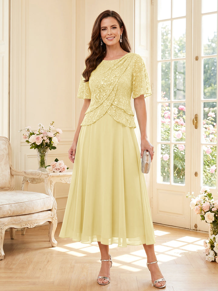 A-Line/Princess Scoop Half Sleeves Tea-Length Mother of the Bride Dresses with Lace &amp; Ruffles