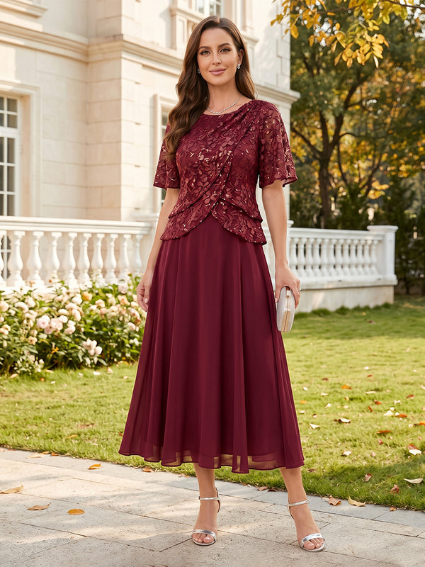 A-Line/Princess Scoop Half Sleeves Tea-Length Chiffon Mother of the Bride Dresses with Lace & Ruffles