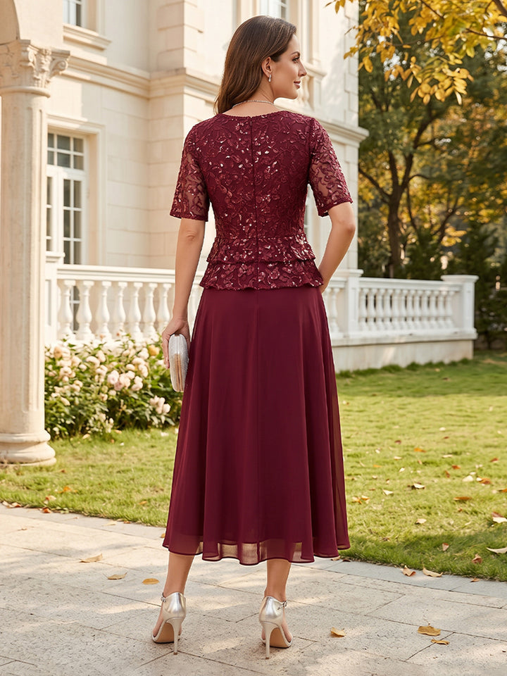 A-Line/Princess Scoop Half Sleeves Tea-Length Chiffon Mother of the Bride Dresses with Lace &amp; Ruffles