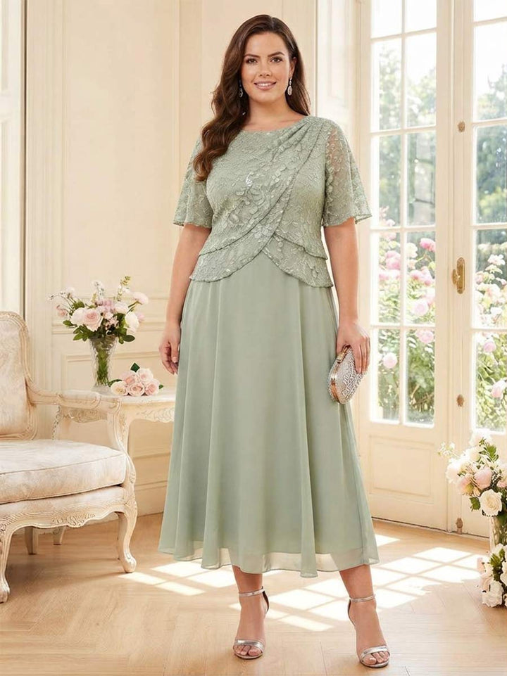 A-Line/Princess Scoop Half Sleeves Tea-Length Plus Size Mother of the Bride Dresses with Lace &amp; Ruffles