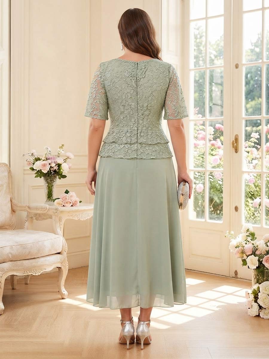 A-Line/Princess Scoop Half Sleeves Tea-Length Plus Size Mother of the Bride Dresses with Lace &amp; Ruffles