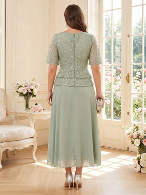 A-Line/Princess Scoop Half Sleeves Tea-Length Plus Size Mother of the Bride Dresses with Lace & Ruffles
