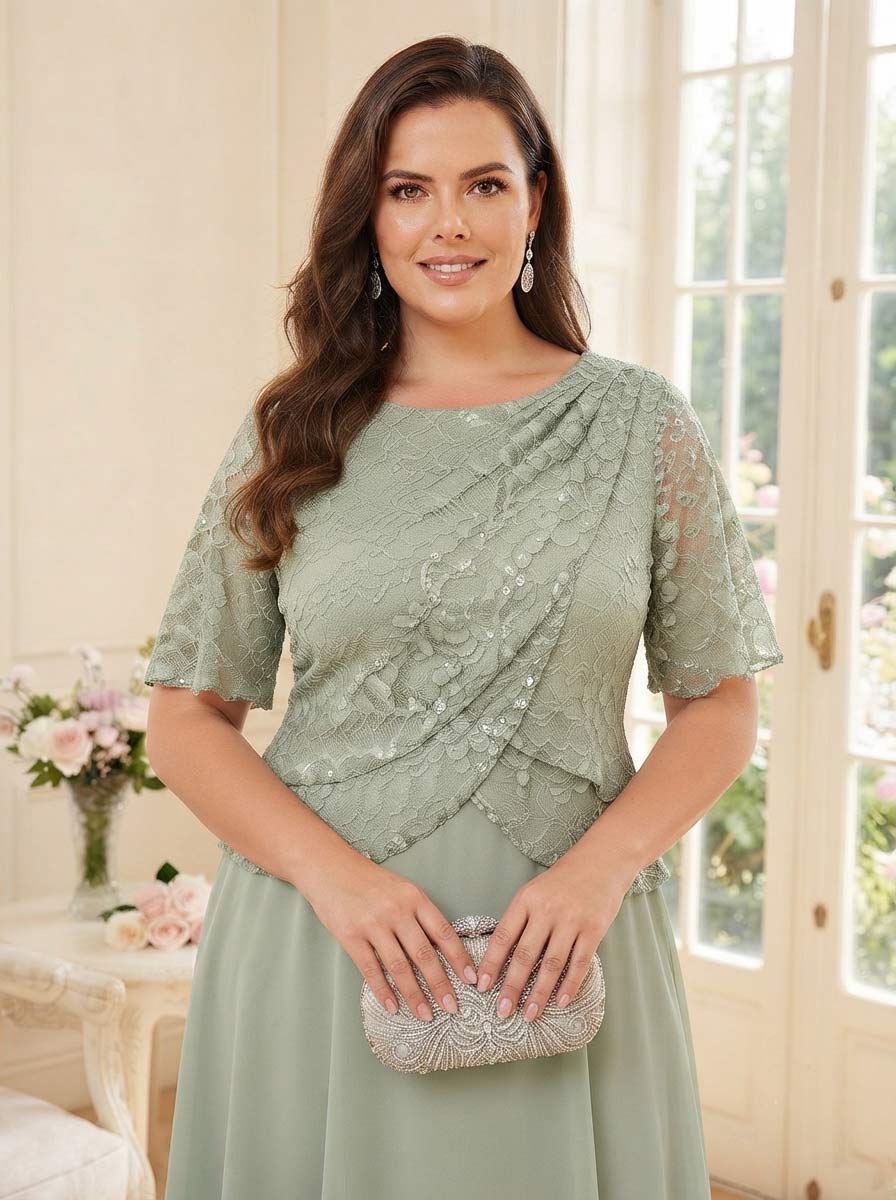A-Line/Princess Scoop Half Sleeves Tea-Length Plus Size Mother of the Bride Dresses with Lace &amp; Ruffles
