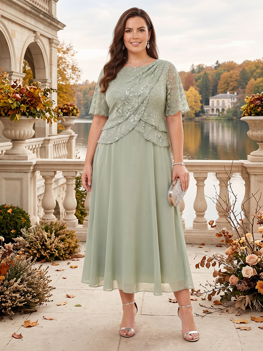 A-Line/Princess Scoop Half Sleeves Tea-Length Plus Size Mother of the Bride Dresses with Lace &amp; Ruffles