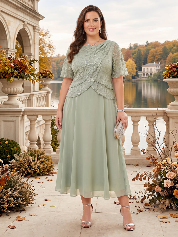 A-Line/Princess Scoop Half Sleeves Tea-Length Plus Size Mother of the Bride Dresses with Lace &amp; Ruffles