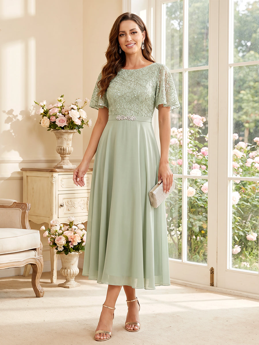 Lavetir Grape A-Line/Princess Scoop Short Sleeves Tea-Length Mother of the Bride Dresses with Lace & Pleats 2026