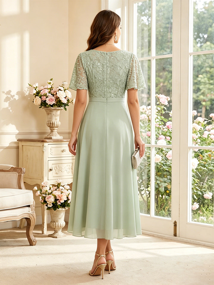 A-Line/Princess Scoop Short Sleeves Tea-Length Mother of the Bride Dresses with Lace &amp; Pleats