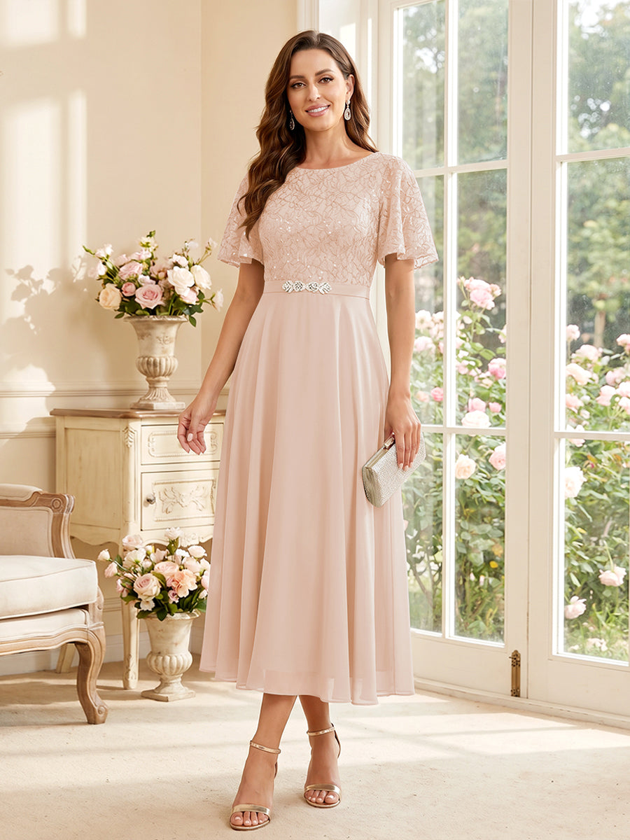 A-Line/Princess Scoop Short Sleeves Tea-Length Mother of the Bride Dresses with Lace &amp; Pleats