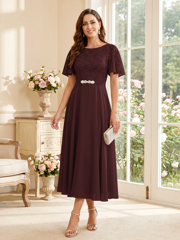 A-Line/Princess Scoop Short Sleeves Tea-Length Mother of the Bride Dresses with Lace &amp; Pleats