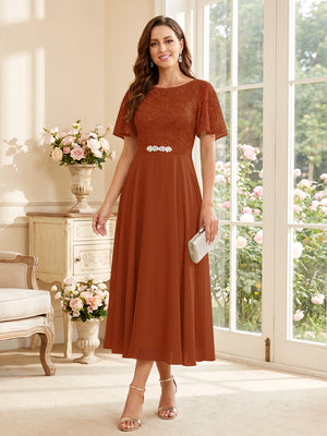 A-Line/Princess Scoop Short Sleeves Tea-Length Mother of the Bride Dresses with Lace & Pleats