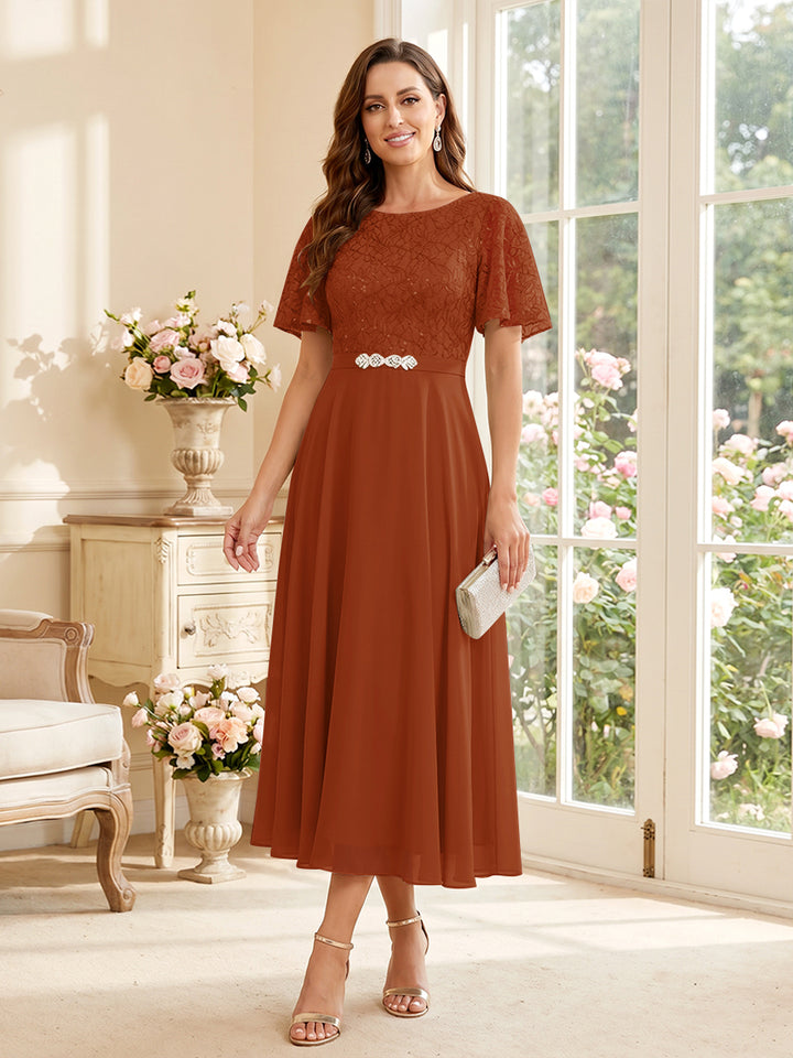 A-Line/Princess Scoop Short Sleeves Tea-Length Mother of the Bride Dresses with Lace &amp; Pleats