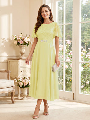 A-Line/Princess Scoop Short Sleeves Tea-Length Mother of the Bride Dresses with Lace & Pleats