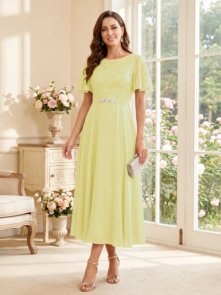 A-Line/Princess Scoop Short Sleeves Tea-Length Mother of the Bride Dresses with Lace &amp; Pleats