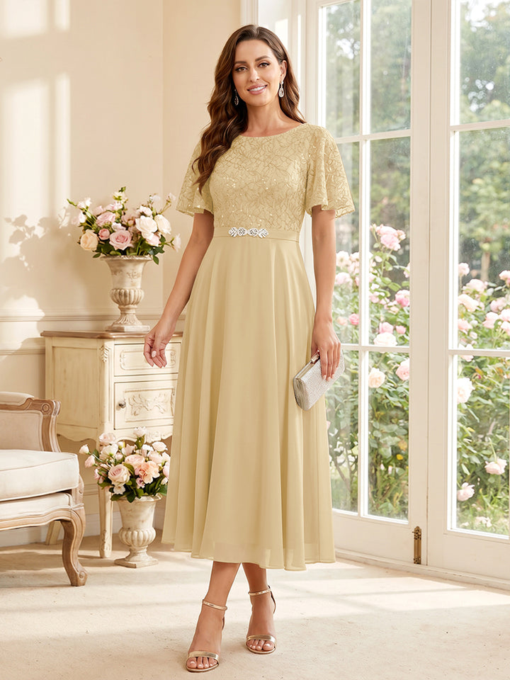 A-Line/Princess Scoop Short Sleeves Tea-Length Mother of the Bride Dresses with Lace &amp; Pleats