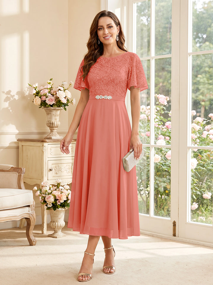 A-Line/Princess Scoop Short Sleeves Tea-Length Mother of the Bride Dresses with Lace &amp; Pleats