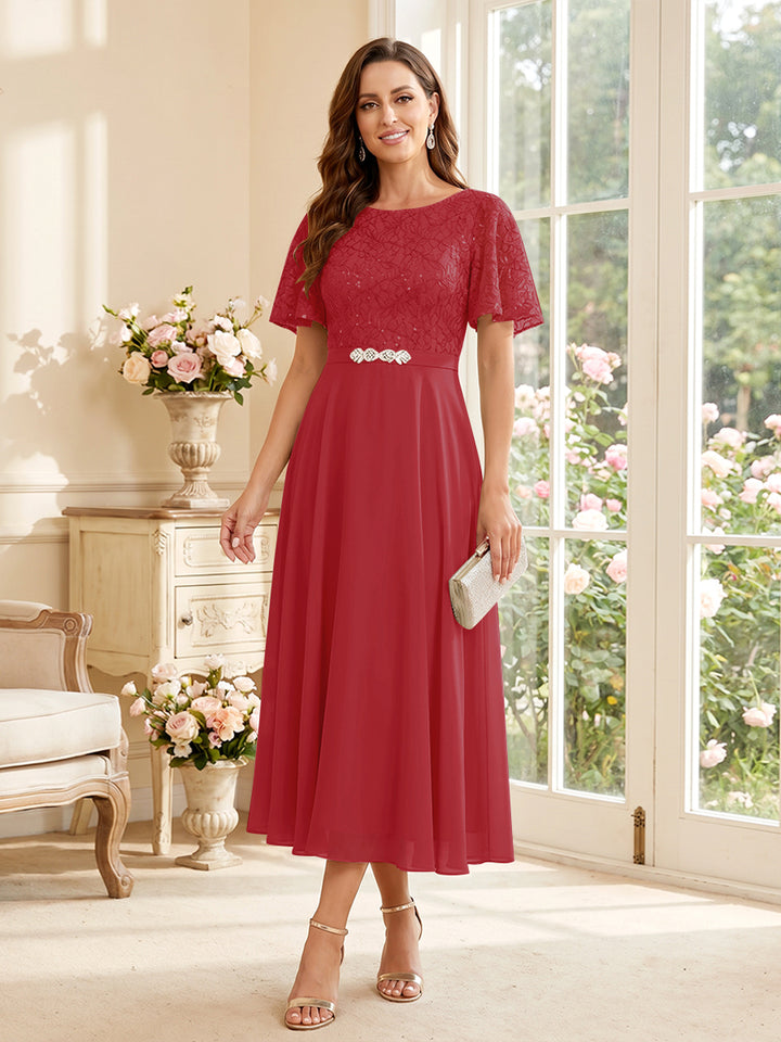 A-Line/Princess Scoop Short Sleeves Tea-Length Mother of the Bride Dresses with Lace &amp; Pleats