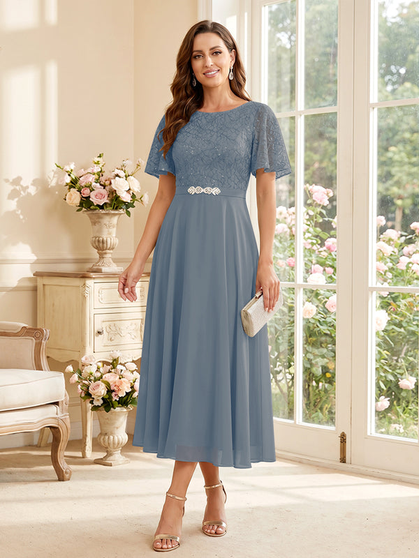 A-Line/Princess Scoop Short Sleeves Tea-Length Mother of the Bride Dresses with Lace & Pleats
