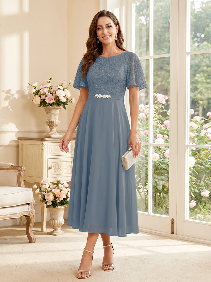 A-Line/Princess Scoop Short Sleeves Tea-Length Mother of the Bride Dresses with Lace &amp; Pleats