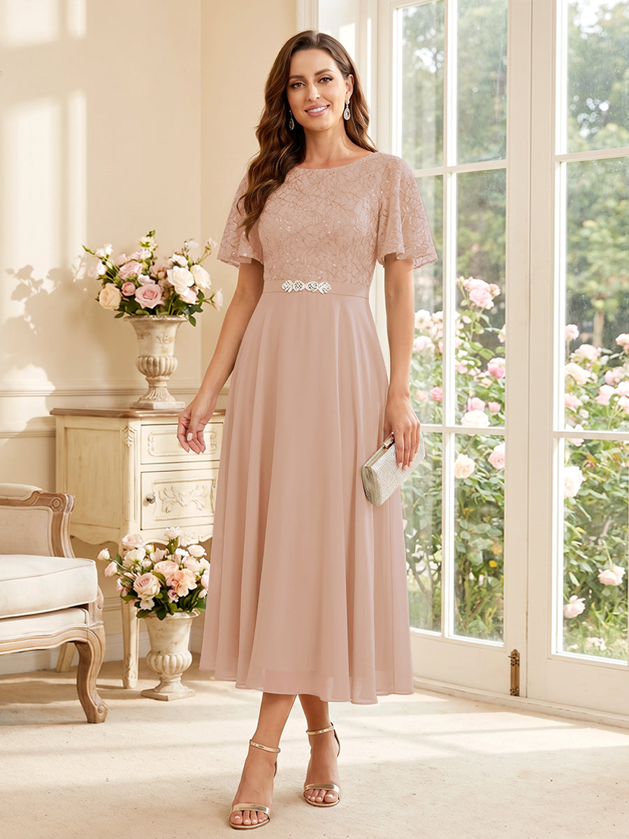 A-Line/Princess Scoop Short Sleeves Tea-Length Mother of the Bride Dresses with Lace &amp; Pleats