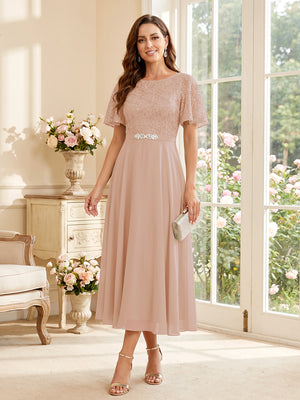 A-Line/Princess Scoop Short Sleeves Tea-Length Mother of the Bride Dresses with Lace & Pleats