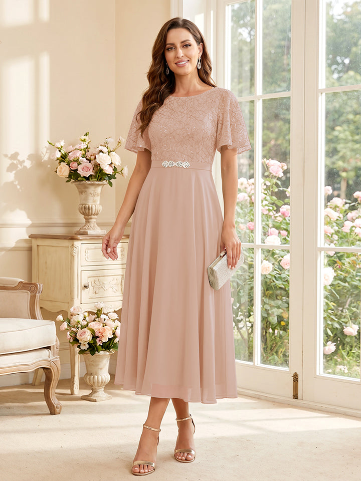 A-Line/Princess Scoop Short Sleeves Tea-Length Mother of the Bride Dresses with Lace &amp; Pleats
