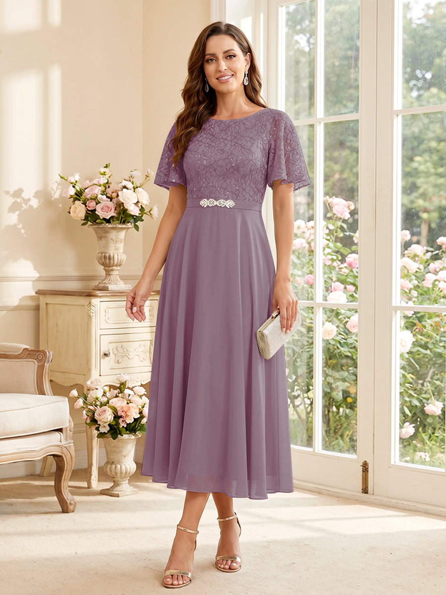 A-Line/Princess Scoop Short Sleeves Tea-Length Mother of the Bride Dresses with Lace &amp; Pleats