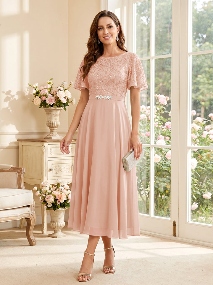 A-Line/Princess Scoop Short Sleeves Tea-Length Mother of the Bride Dresses with Lace &amp; Pleats