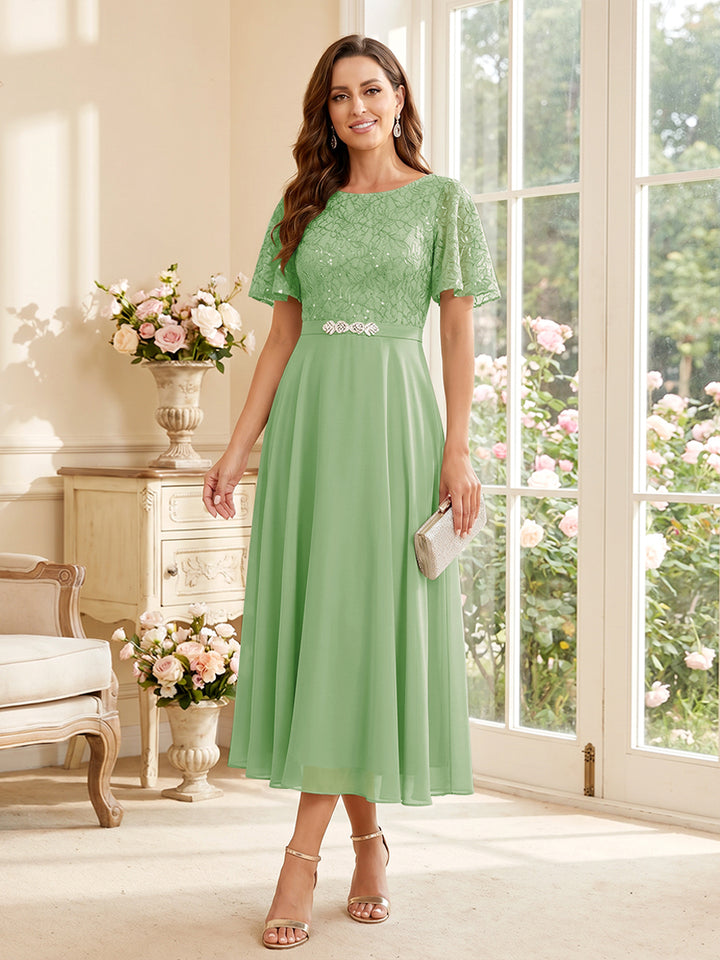 A-Line/Princess Scoop Short Sleeves Tea-Length Mother of the Bride Dresses with Lace &amp; Pleats