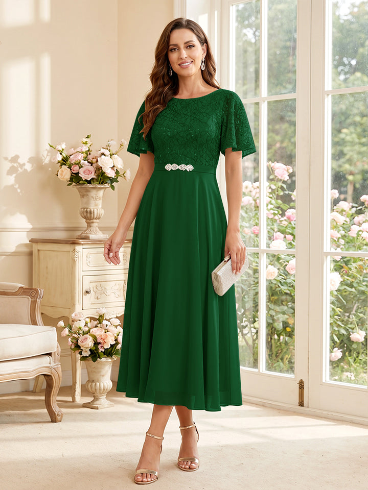 A-Line/Princess Scoop Short Sleeves Tea-Length Mother of the Bride Dresses with Lace &amp; Pleats