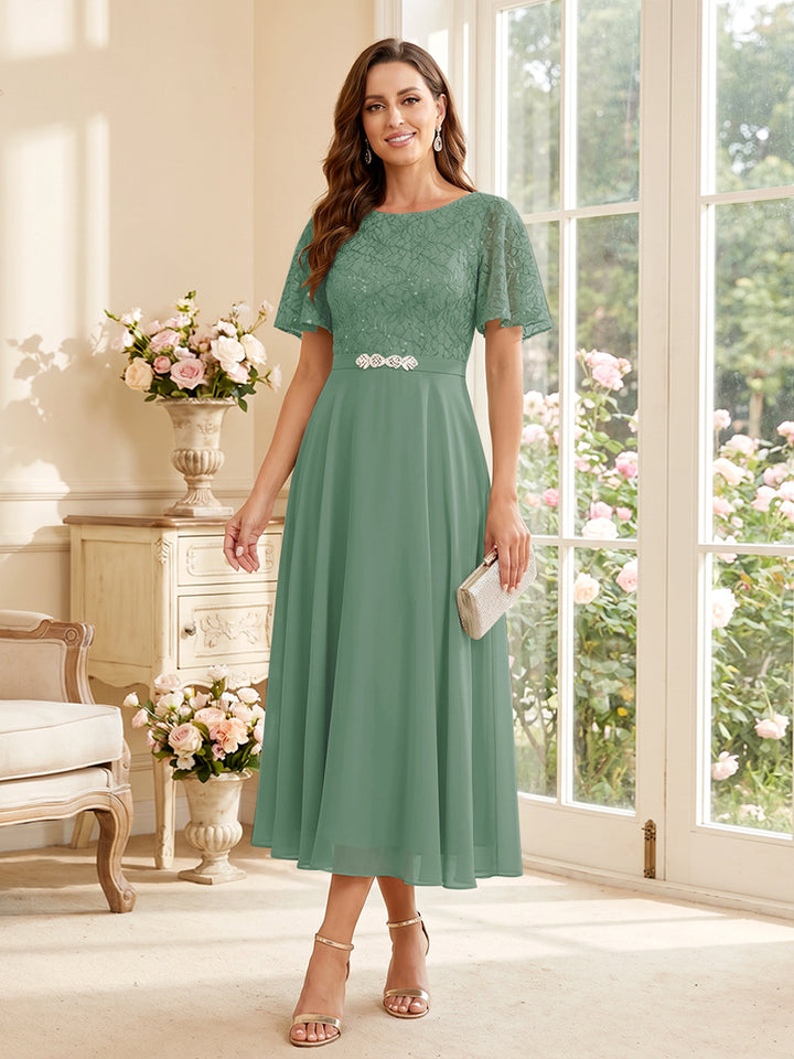 A-Line/Princess Scoop Short Sleeves Tea-Length Mother of the Bride Dresses with Lace &amp; Pleats