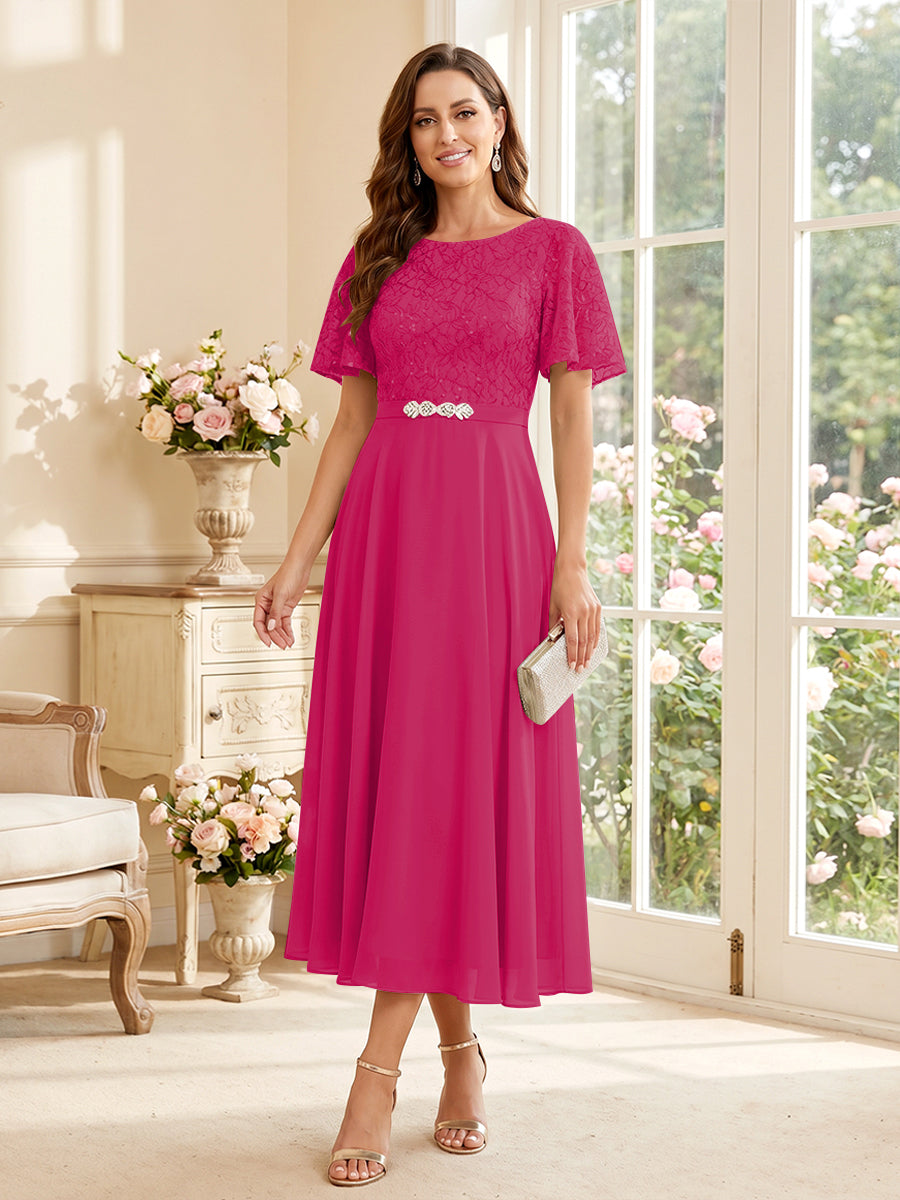 A-Line/Princess Scoop Short Sleeves Tea-Length Mother of the Bride Dresses with Lace &amp; Pleats