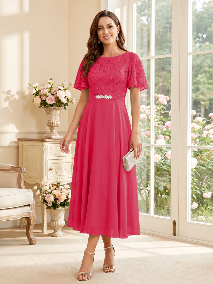 A-Line/Princess Scoop Short Sleeves Tea-Length Mother of the Bride Dresses with Lace &amp; Pleats