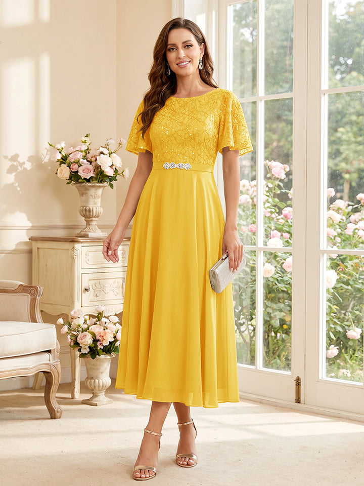 A-Line/Princess Scoop Short Sleeves Tea-Length Mother of the Bride Dresses with Lace &amp; Pleats