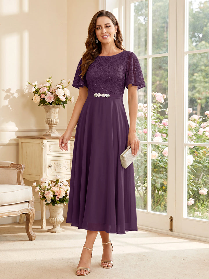 A-Line/Princess Scoop Short Sleeves Tea-Length Mother of the Bride Dresses with Lace &amp; Pleats