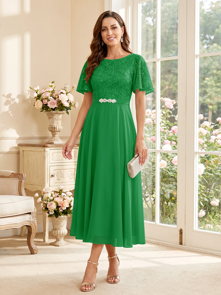 A-Line/Princess Scoop Short Sleeves Tea-Length Mother of the Bride Dresses with Lace &amp; Pleats