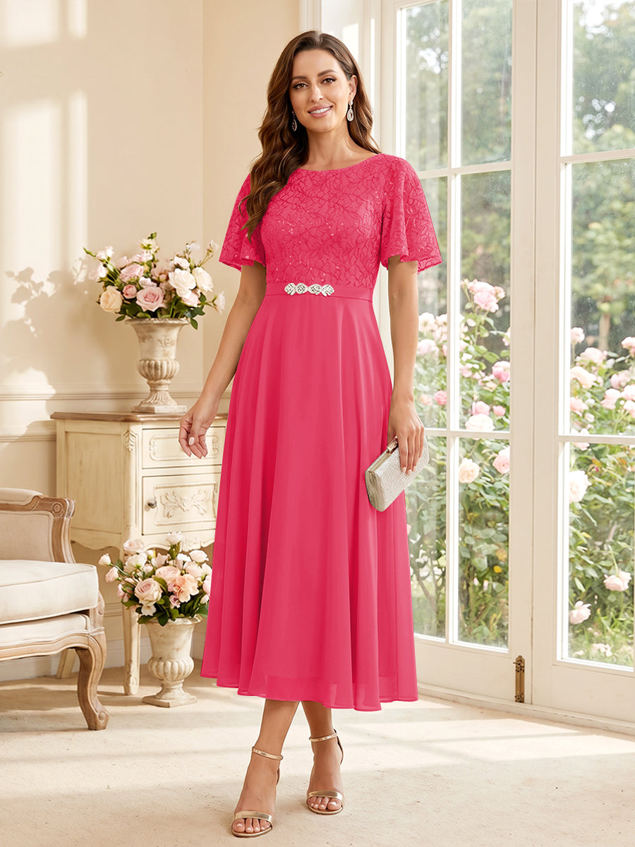 A-Line/Princess Scoop Short Sleeves Tea-Length Mother of the Bride Dresses with Lace &amp; Pleats