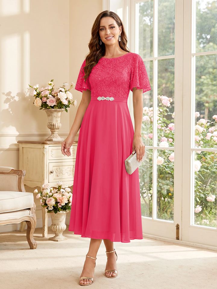 A-Line/Princess Scoop Short Sleeves Tea-Length Mother of the Bride Dresses with Lace &amp; Pleats
