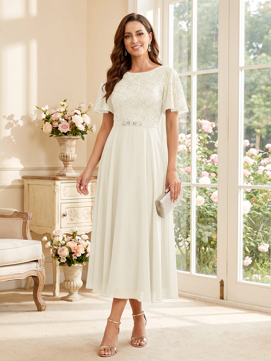 Lavetir Grape A-Line/Princess Scoop Short Sleeves Tea-Length Mother of the Bride Dresses with Lace & Pleats 2026