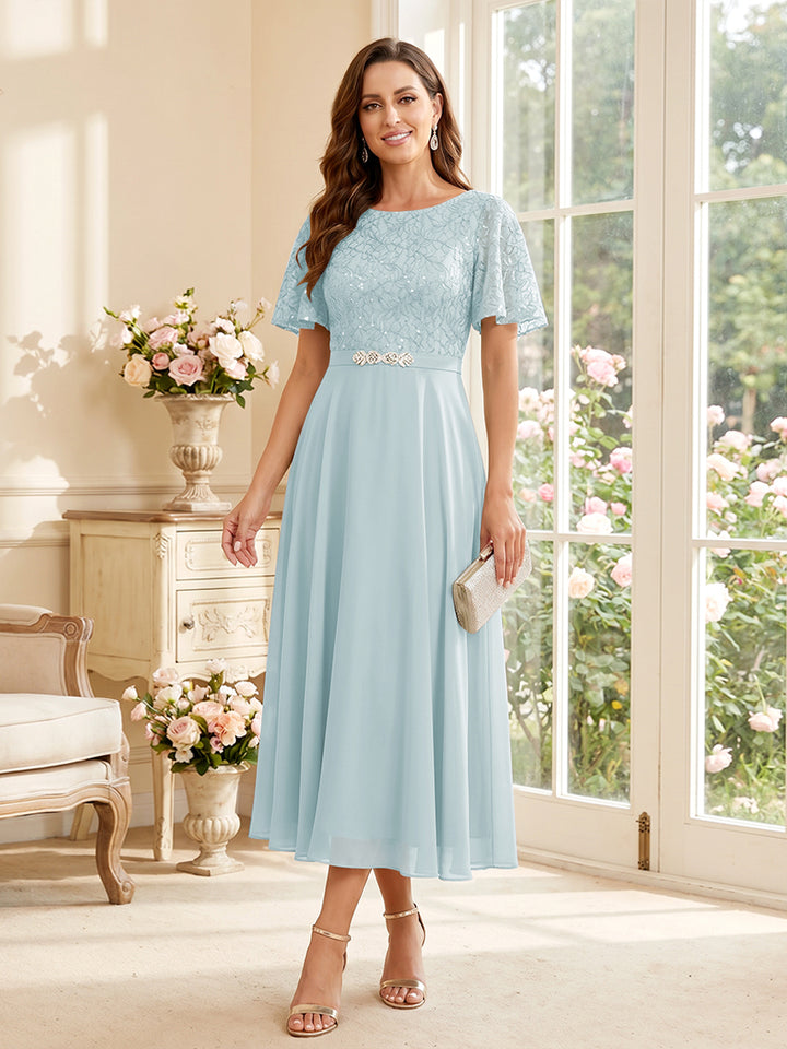A-Line/Princess Scoop Short Sleeves Tea-Length Mother of the Bride Dresses with Lace &amp; Pleats