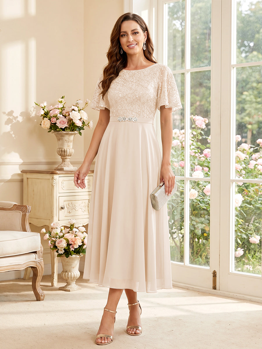 A-Line/Princess Scoop Short Sleeves Tea-Length Mother of the Bride Dresses with Lace &amp; Pleats