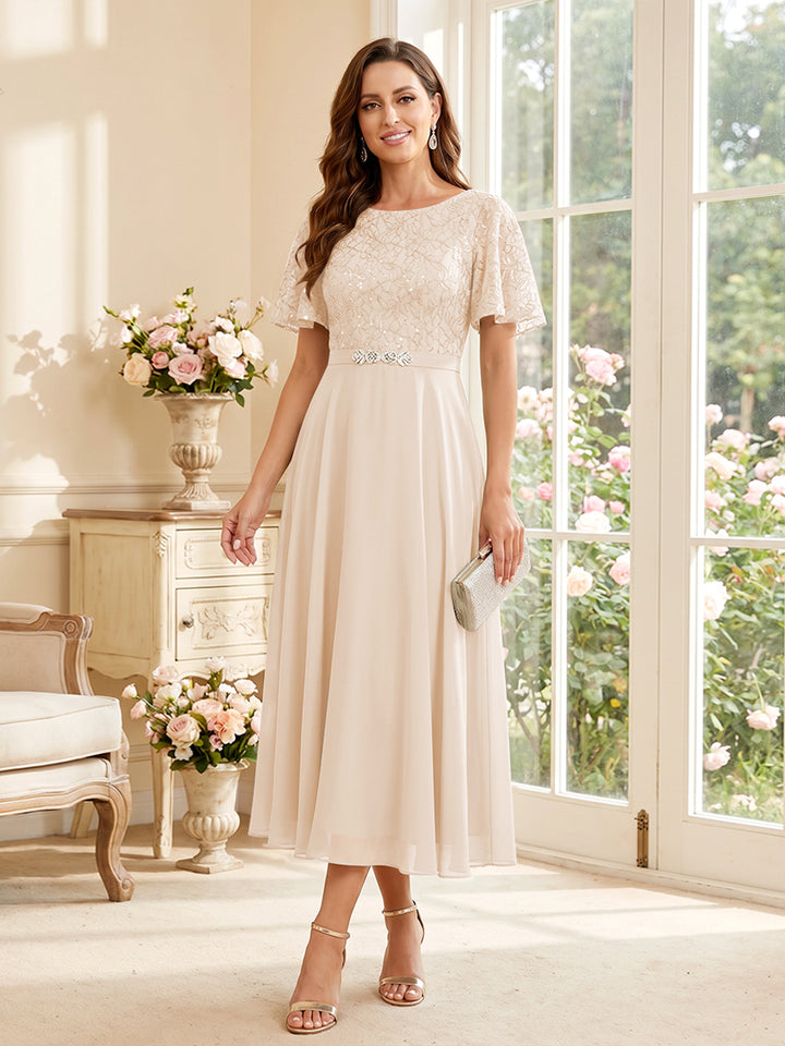 A-Line/Princess Scoop Short Sleeves Tea-Length Mother of the Bride Dresses with Lace &amp; Pleats
