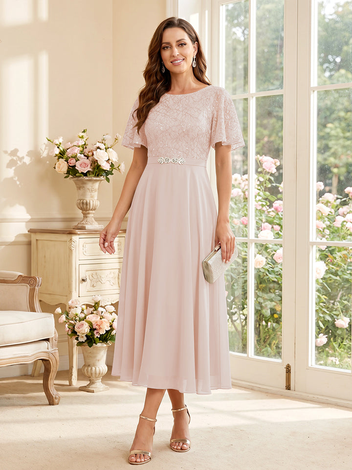 A-Line/Princess Scoop Short Sleeves Tea-Length Mother of the Bride Dresses with Lace &amp; Pleats
