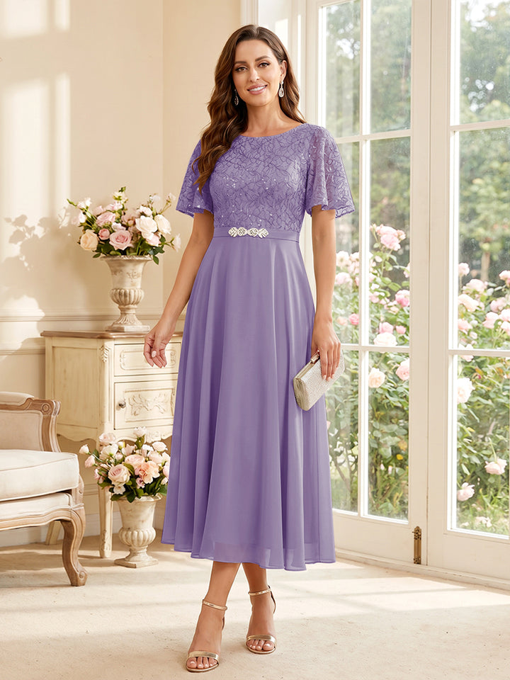 A-Line/Princess Scoop Short Sleeves Tea-Length Mother of the Bride Dresses with Lace &amp; Pleats